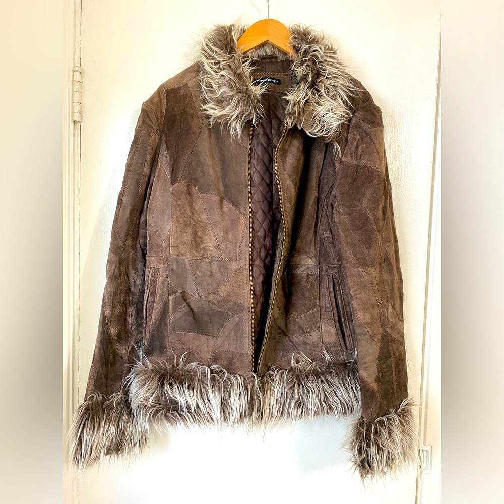 Vintage Brown Suede Patchwork Leather Jacket with Faux Fur Trim